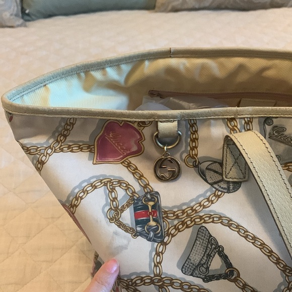 Gucci silk satin pattern tote with cream colored leather. Rehab project - Picture 3 of 17